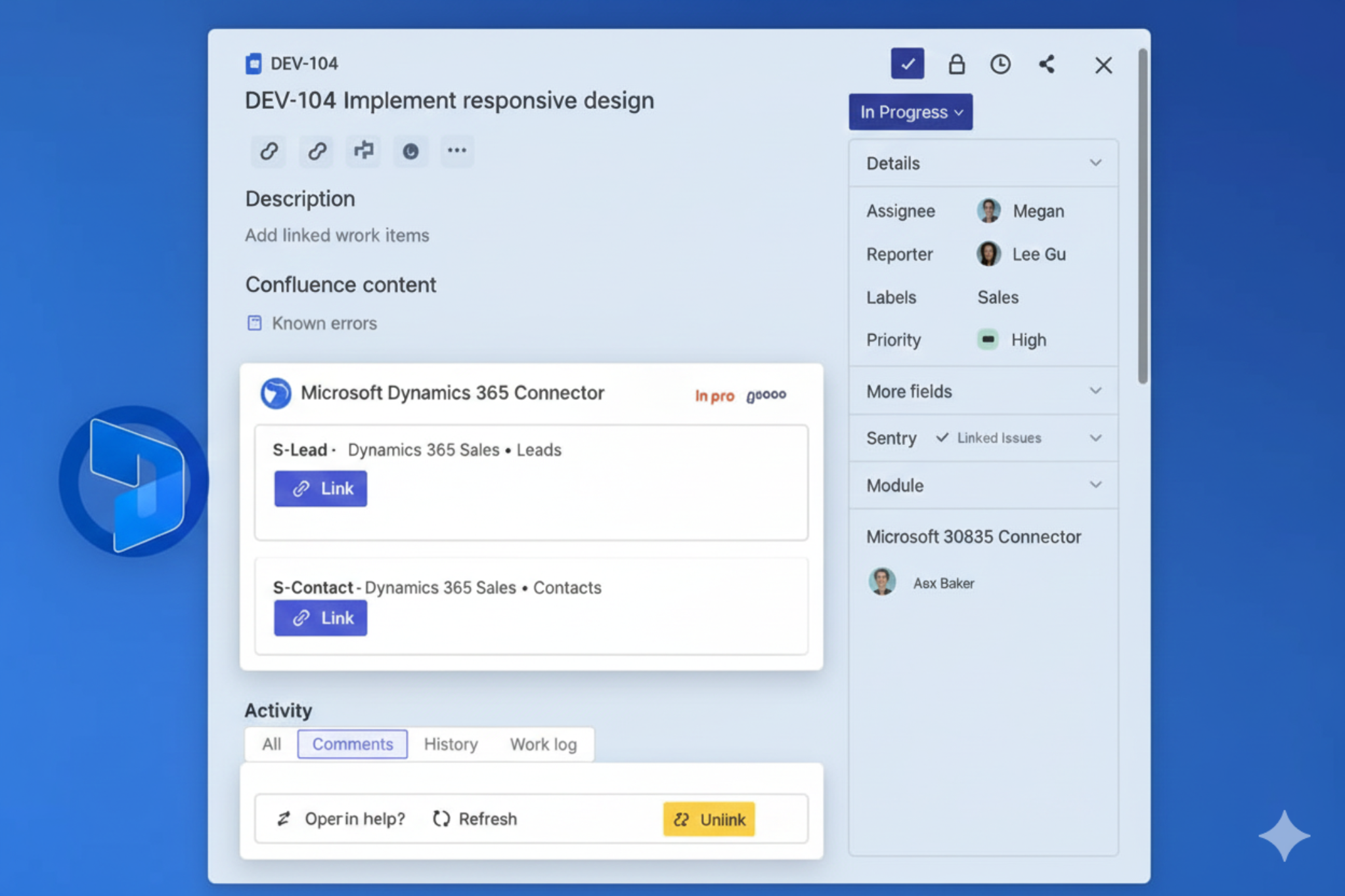 Issue panel listing connected items