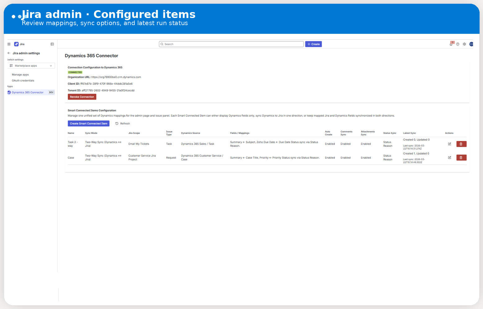 Real Jira admin screenshot showing the configured Smart Connected Items list and latest sync status.