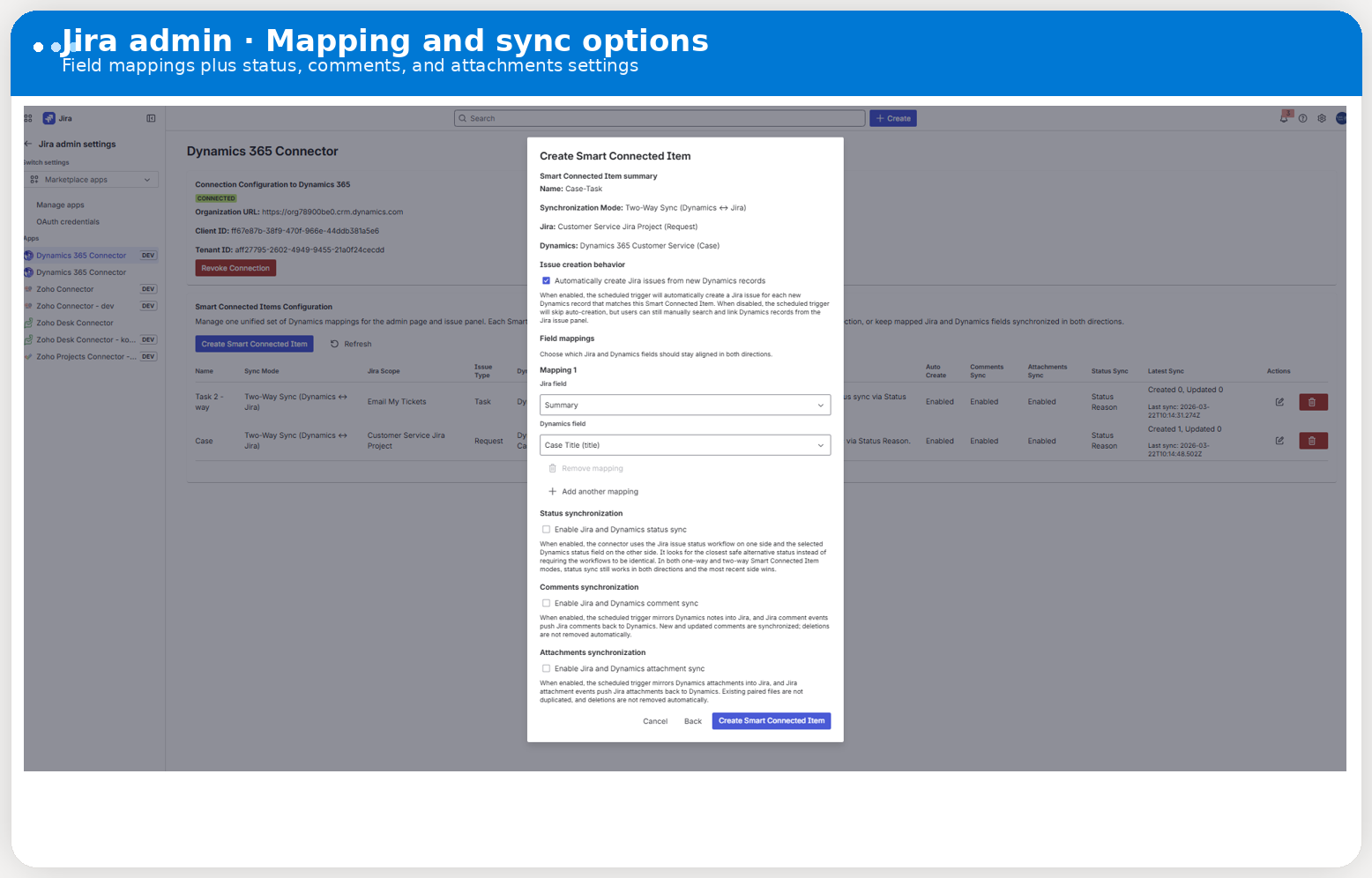 Real Jira admin screenshot showing Smart Connected Item step 2 with issue creation behavior, field mappings, status sync, comments sync, and attachments sync options.