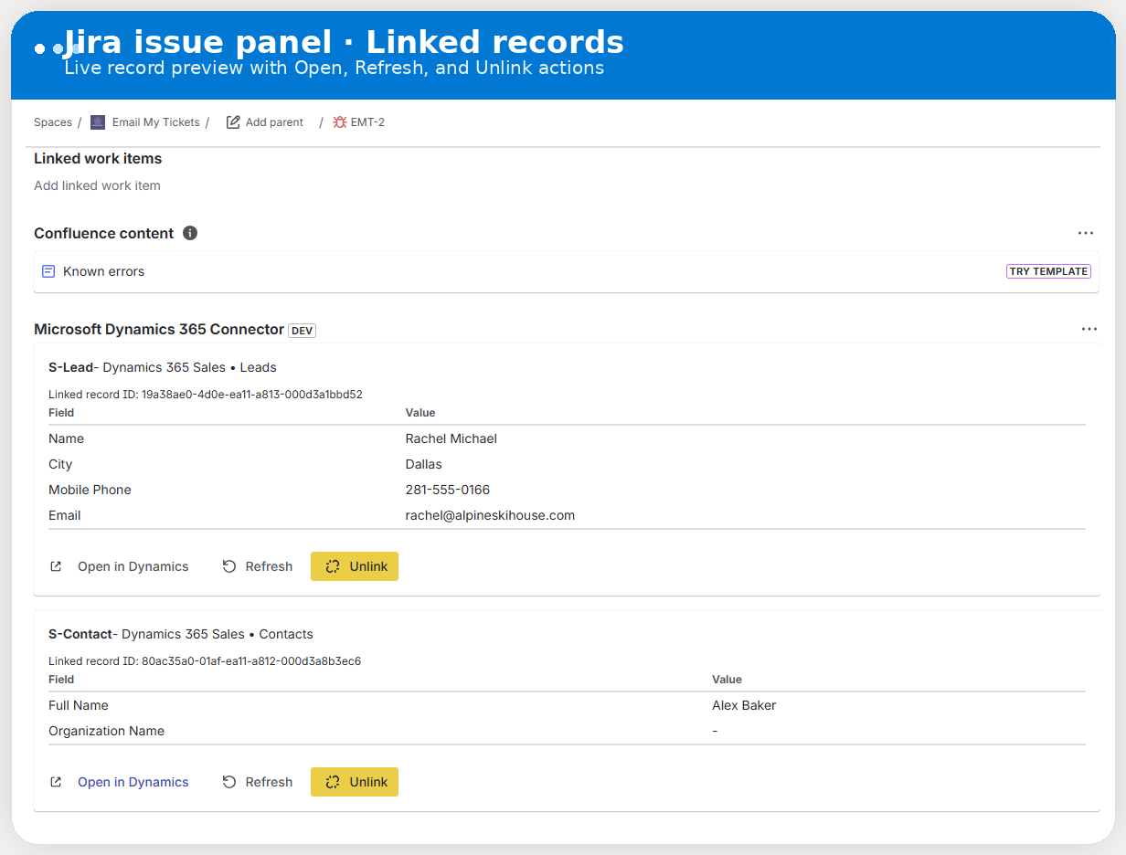 Real Jira issue panel screenshot showing linked Dynamics records with Open in Dynamics, Refresh, and Unlink actions.