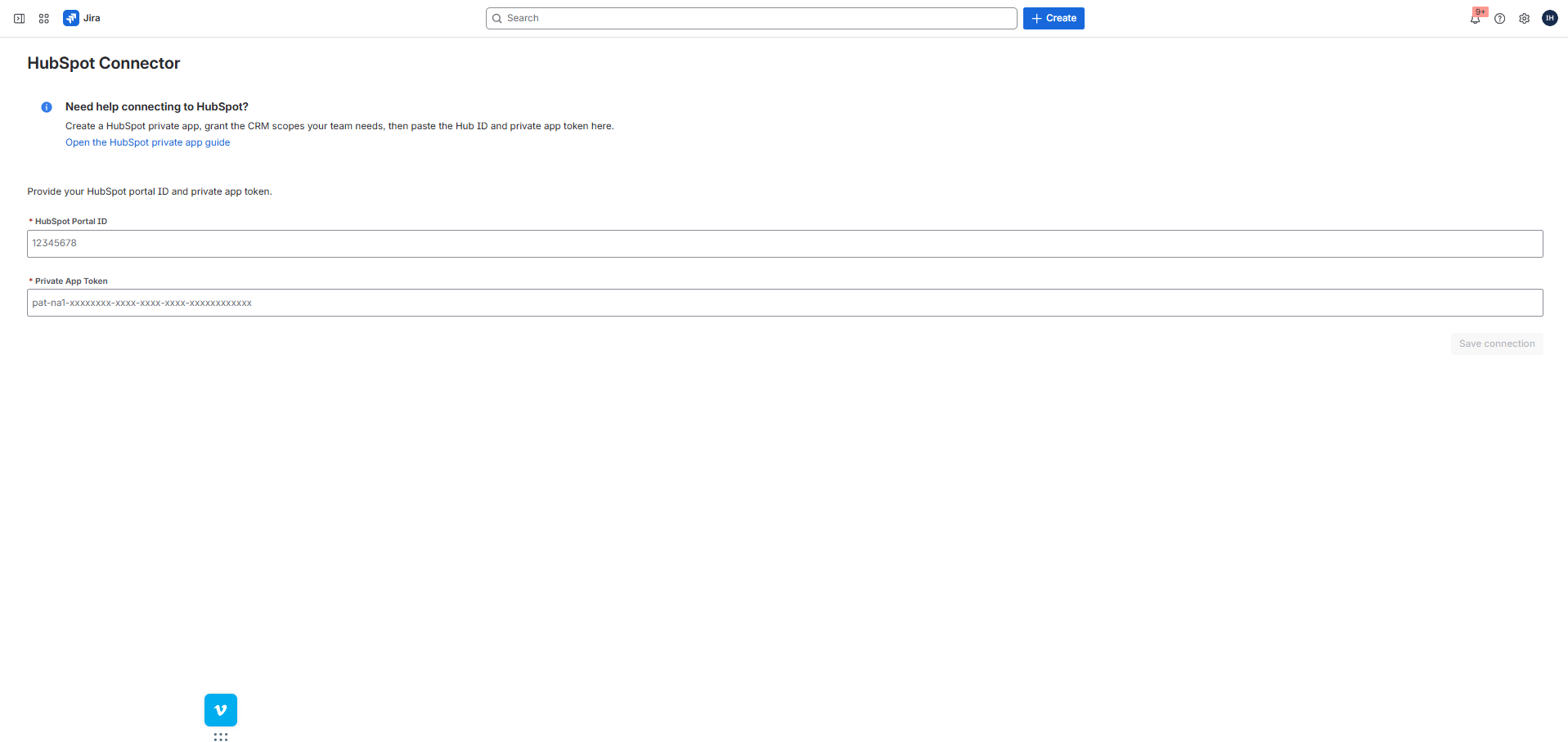 HubSpot Connector connection form showing HubSpot Portal ID, Private App Token, and Save connection button.