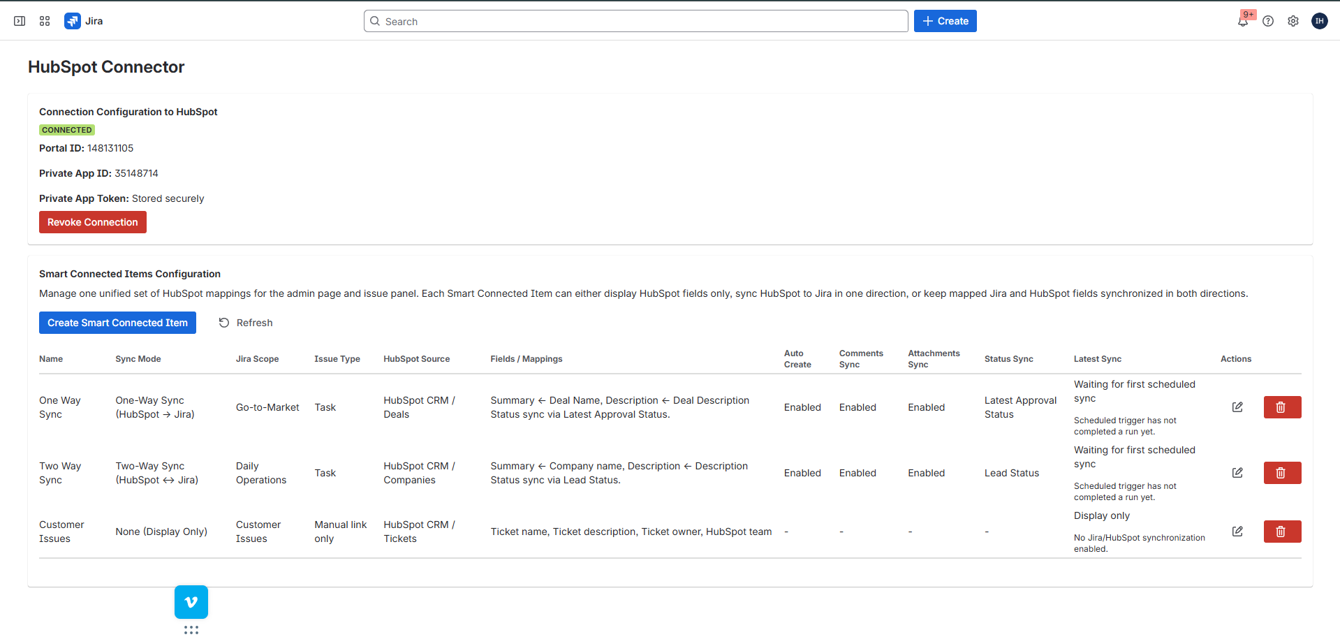 Connected admin panel listing saved Smart Connected Items for one-way sync, two-way sync, and display-only behavior.