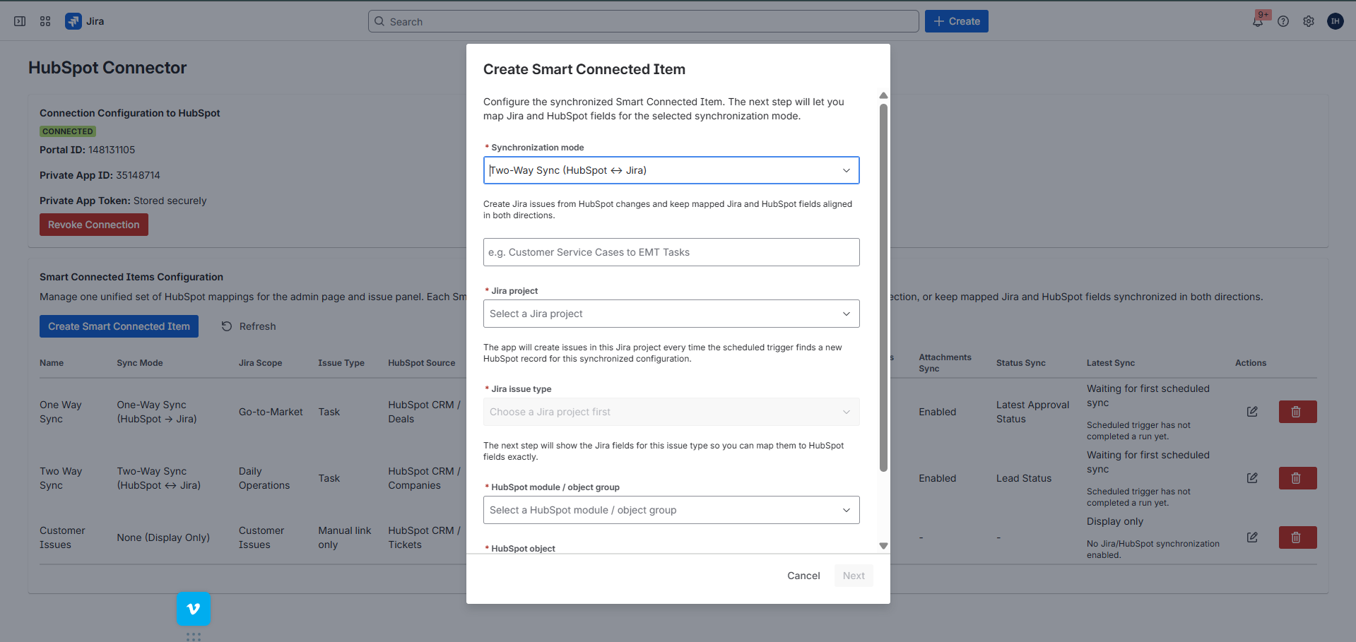 Create Smart Connected Item dialog showing synchronization mode, Jira project, Jira issue type, HubSpot module or object group, and HubSpot object.
