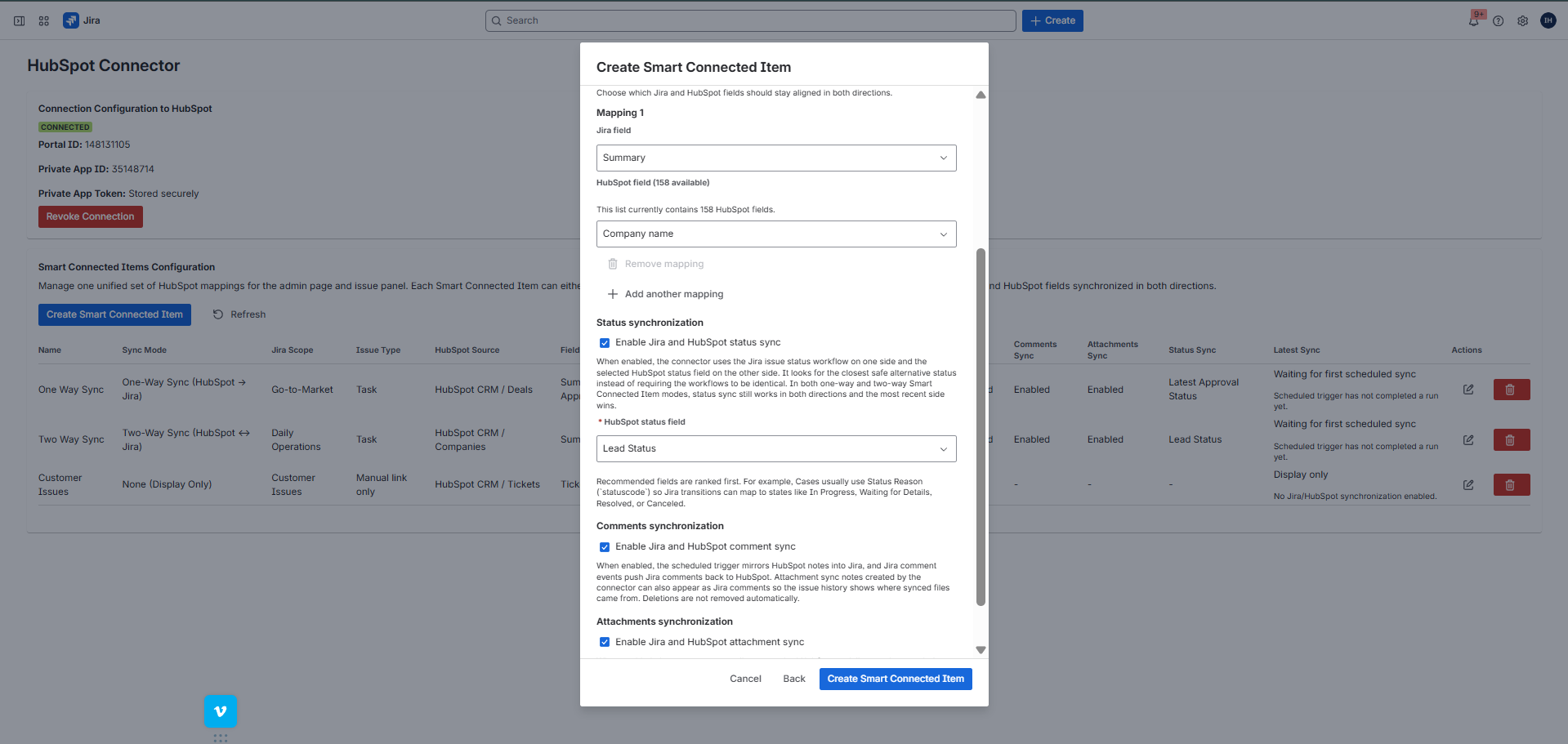 Create Smart Connected Item dialog showing field mappings, status synchronization, comments synchronization, and attachments synchronization.