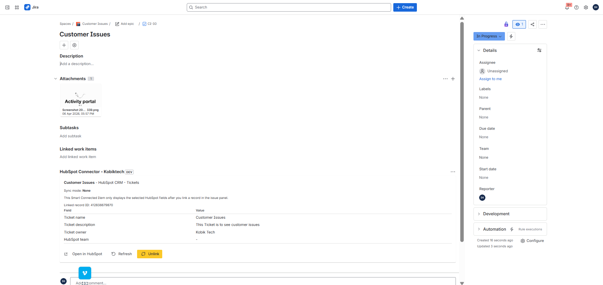 Jira issue view showing the HubSpot Connector panel after linking, with mapped values plus Open in HubSpot, Refresh, and Unlink actions.