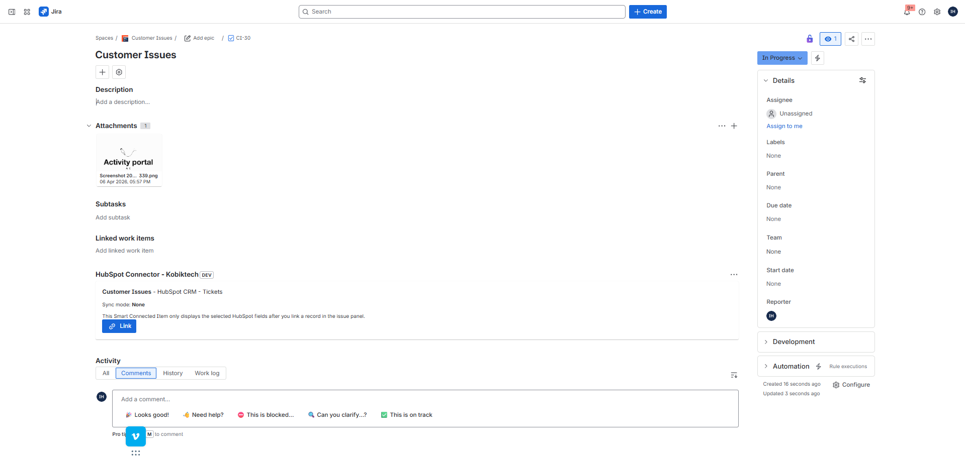 Jira issue view showing the HubSpot Connector panel before linking, with a Link button for the available Smart Connected Item.