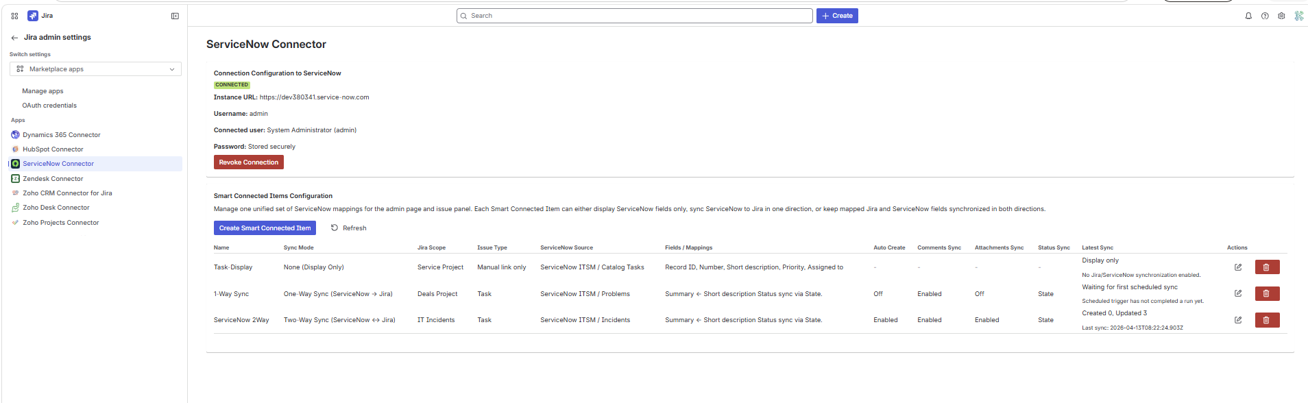 ServiceNow Bridge admin page showing a connected ServiceNow instance and saved Smart Connected Items.