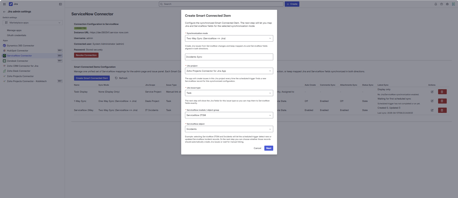 Create Smart Connected Item step 1 showing synchronization mode, Jira project, issue type, ServiceNow module, and ServiceNow object selectors.