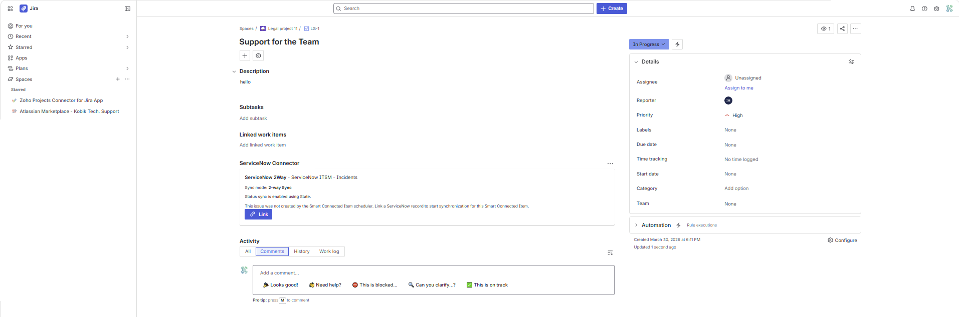 Jira issue view showing the ServiceNow Bridge panel before linking, with a Link action for the configured Smart Connected Item.