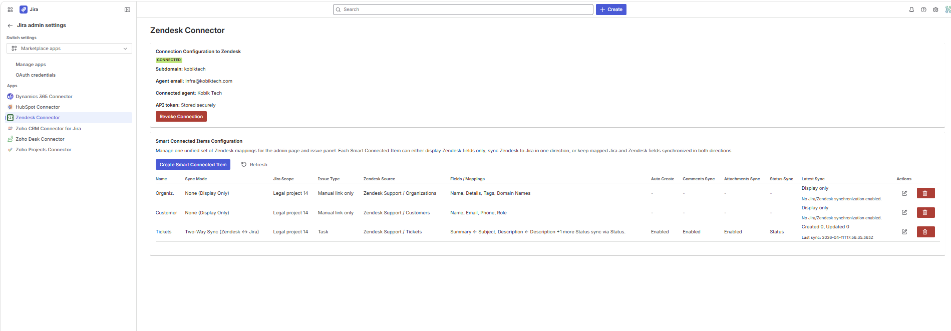 Zendesk Connector Jira admin page after connection, showing the connected summary and Smart Connected Items table.