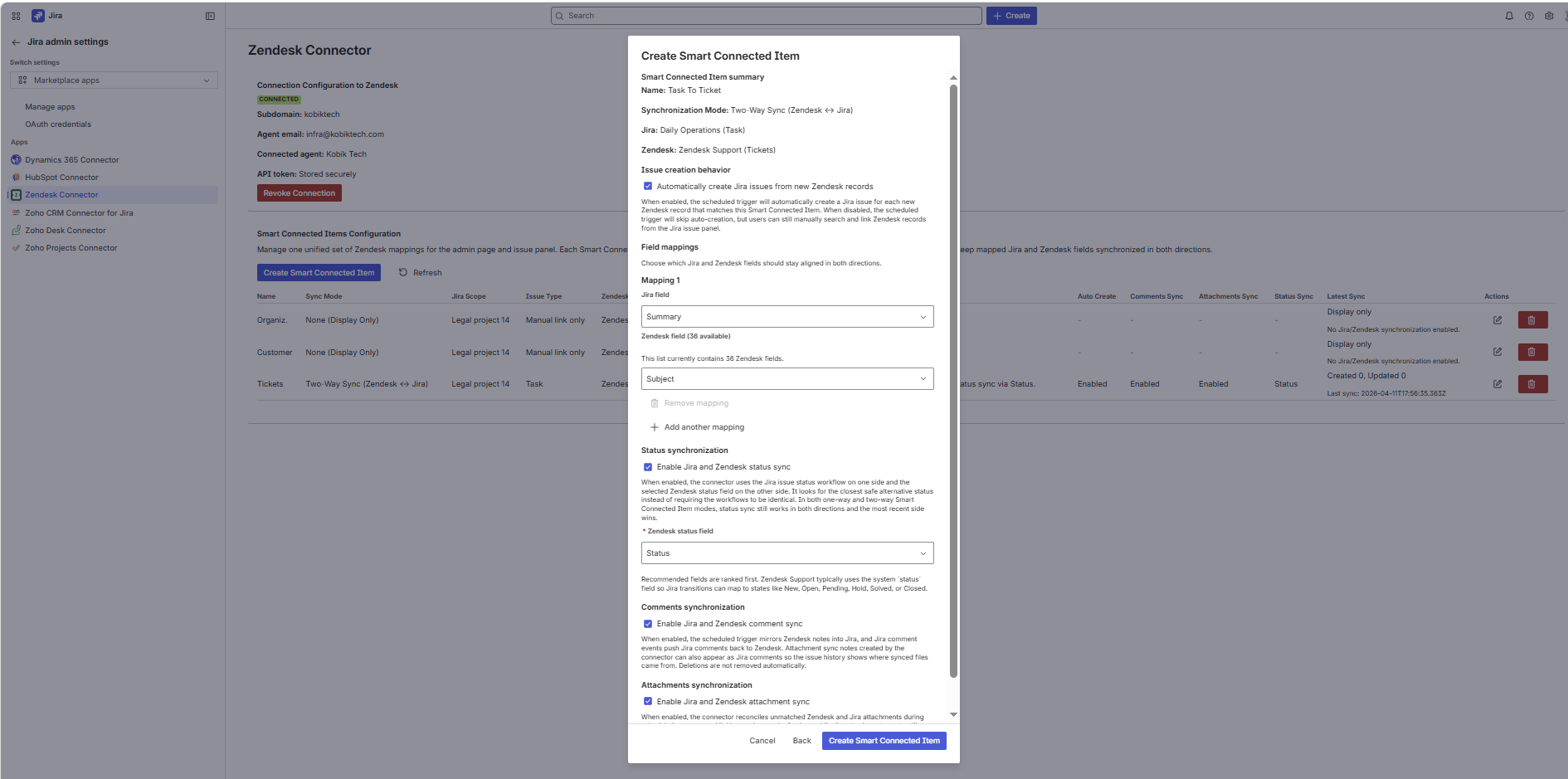 Create Smart Connected Item modal showing field mappings, auto-create, and status, comment, and attachment sync options.