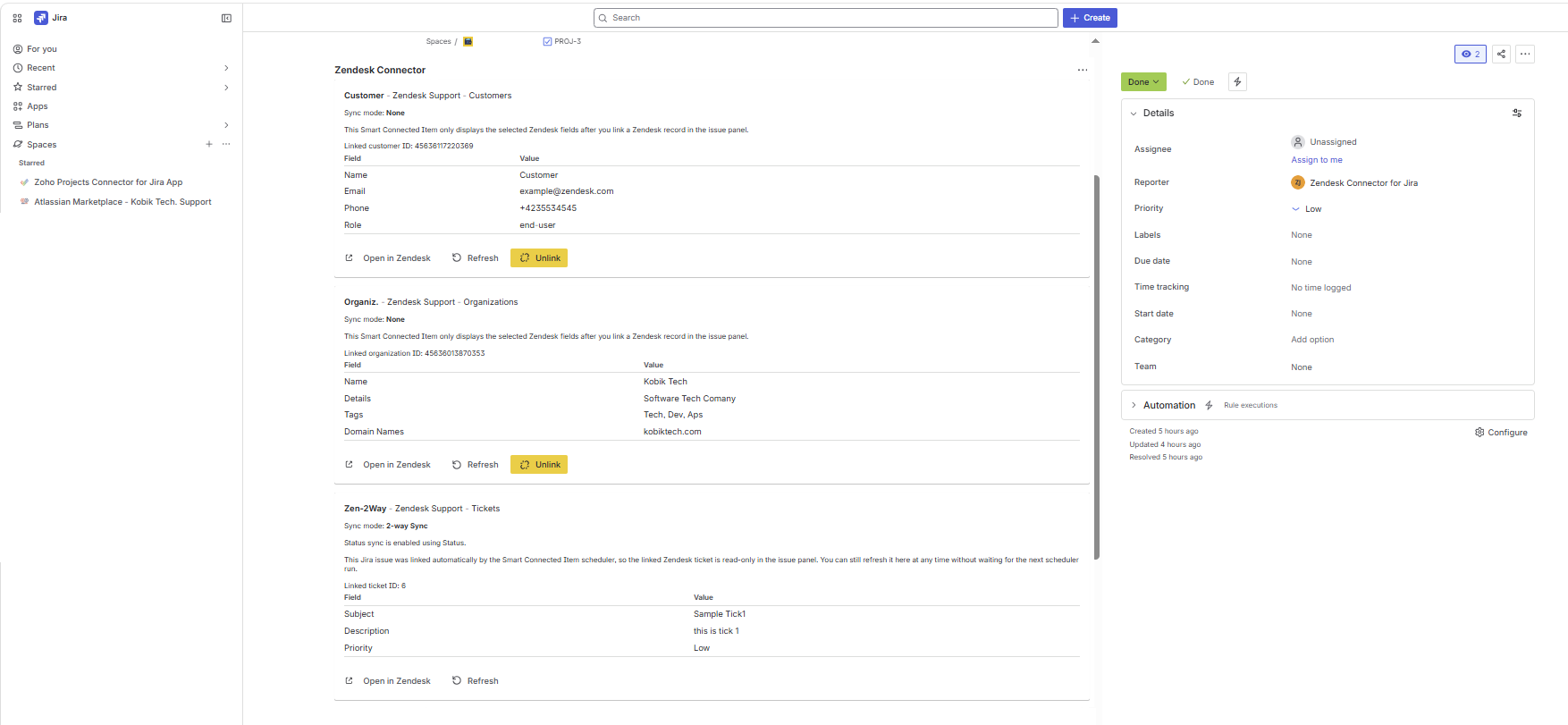 Jira issue panel showing linked Zendesk customer, organization, and ticket previews with action buttons.