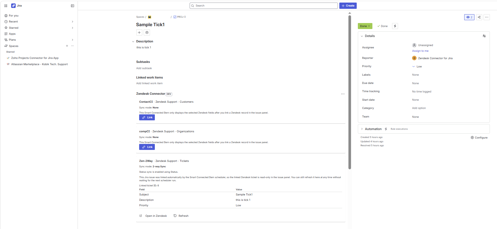 Jira issue panel showing display-only Smart Connected Items before linking, with Link buttons visible.