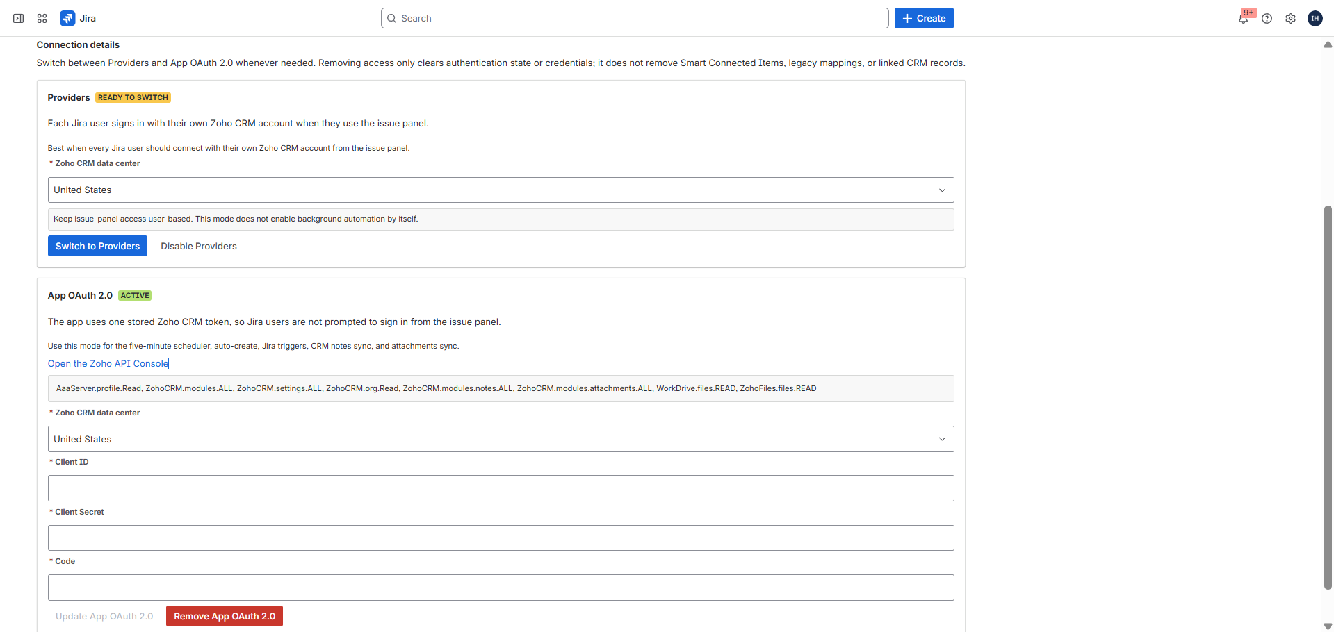 Zoho CRM authentication screen in the Jira admin page.