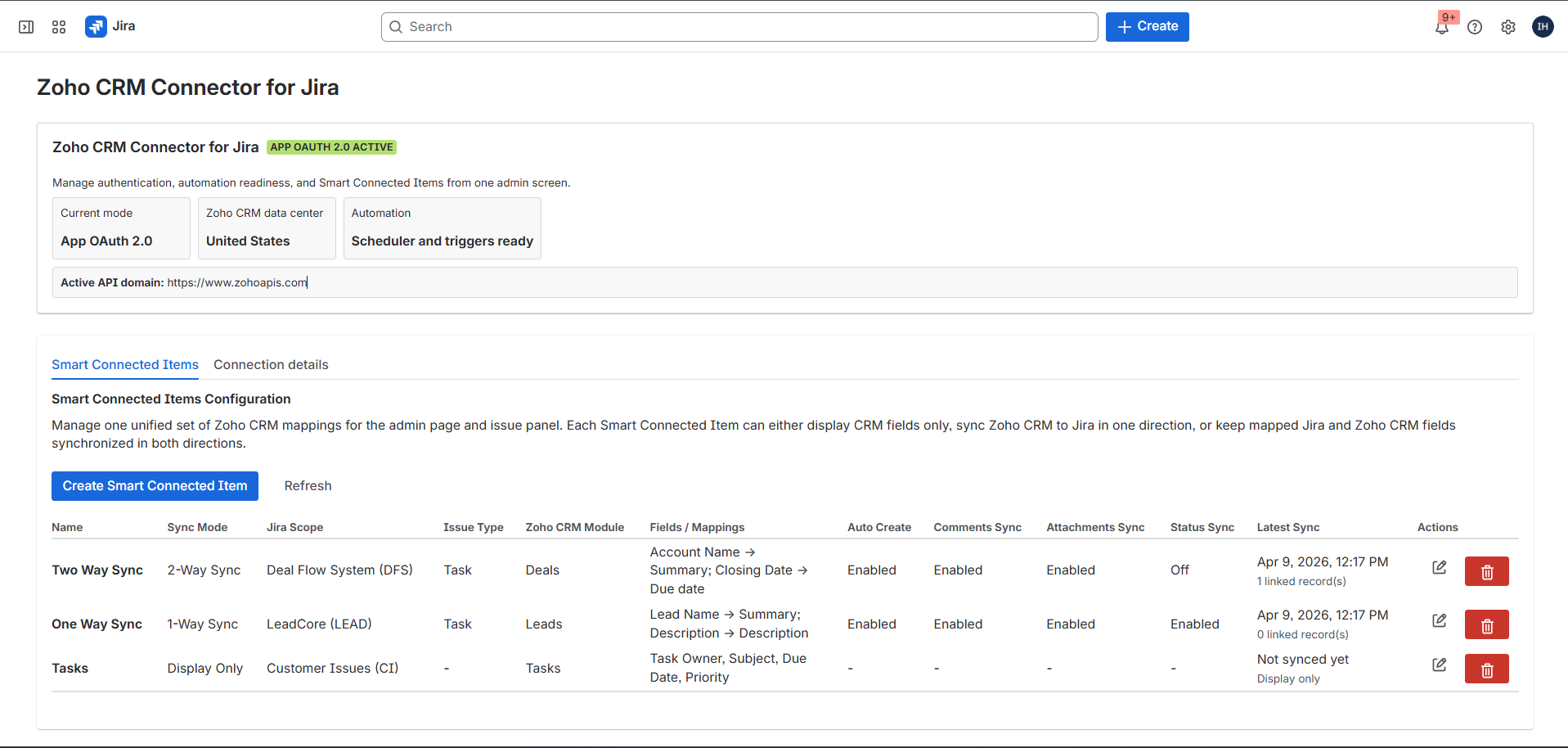 Connected Smart Connected Items table in the Zoho CRM admin page.