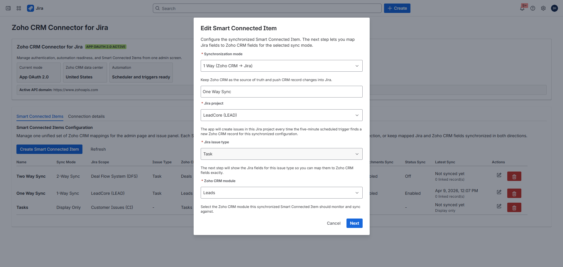 Create Smart Connected Item step 1 in the Zoho CRM admin page.