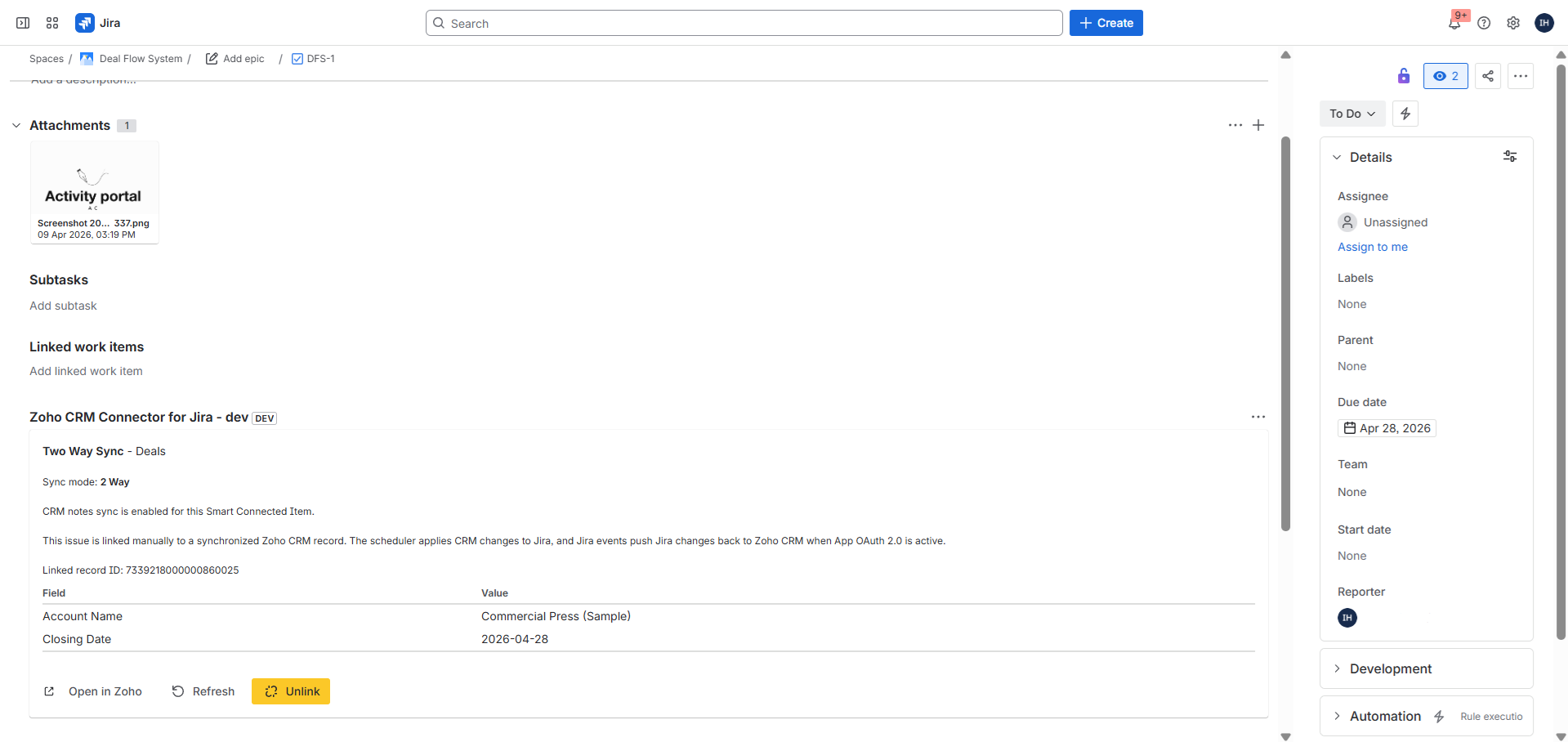 Jira issue panel after linking a Zoho CRM record.