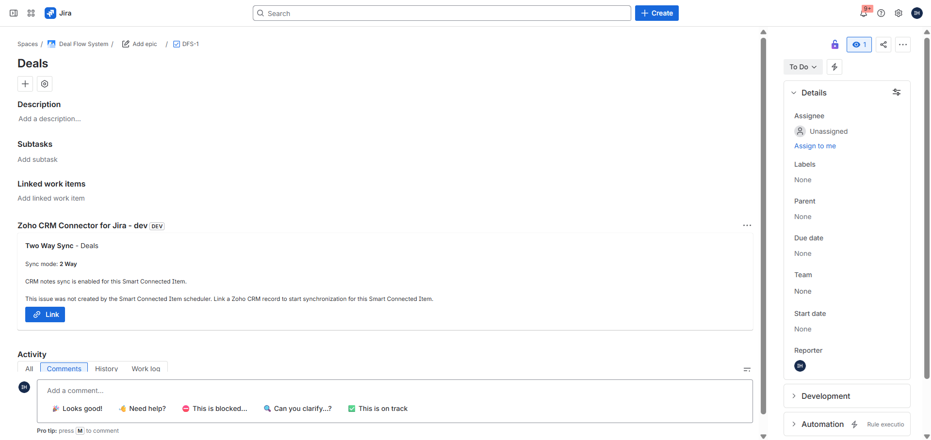 Jira issue panel before linking a Zoho CRM record.