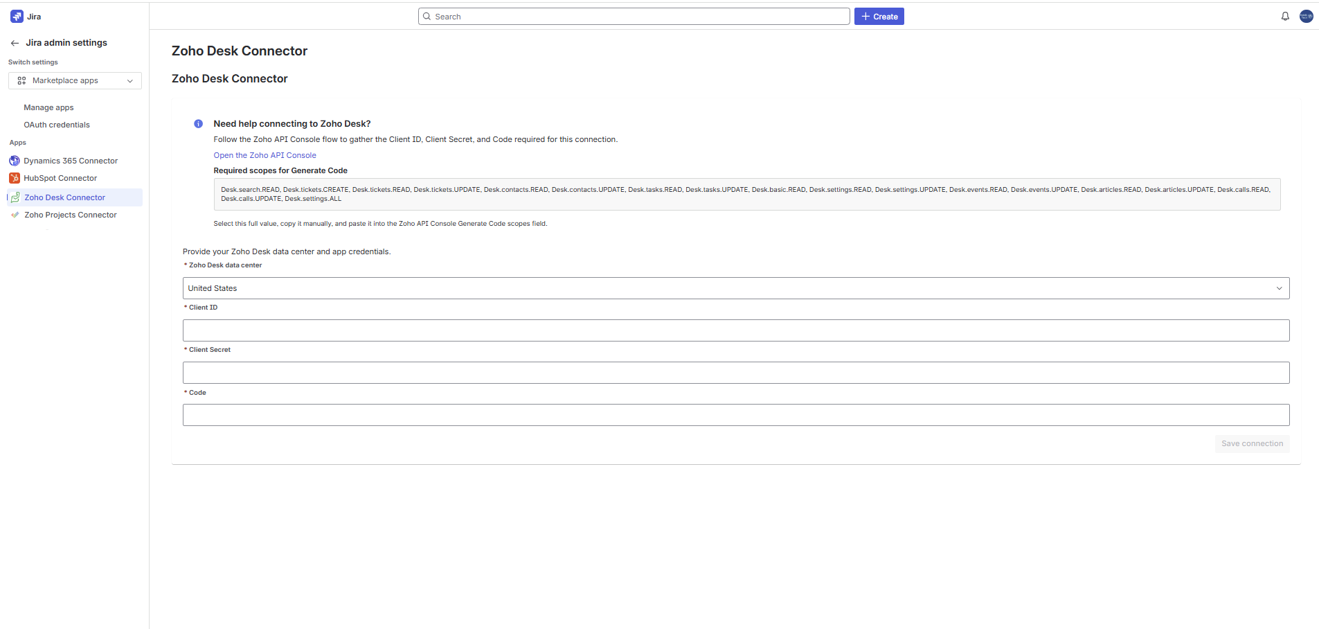 Disconnected Zoho Desk Connector admin page showing the data center, Client ID, Client Secret, and Code fields.