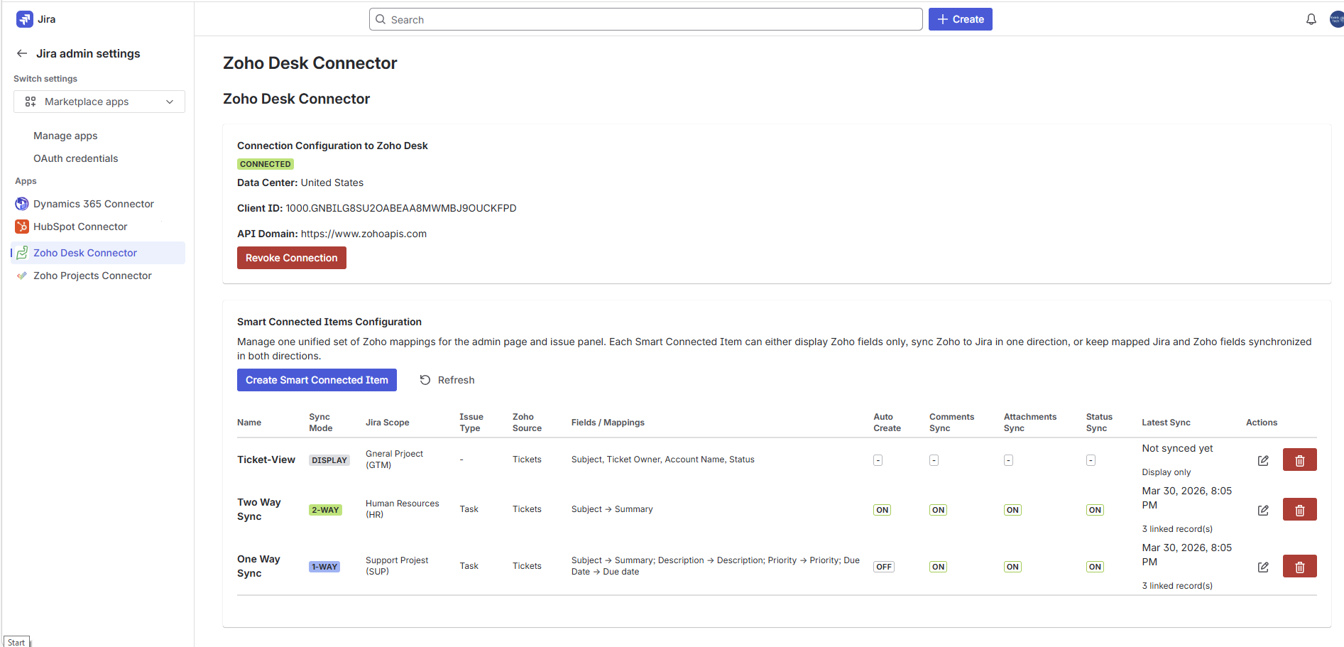 Connected Zoho Desk Connector admin page showing the Smart Connected Items grid.