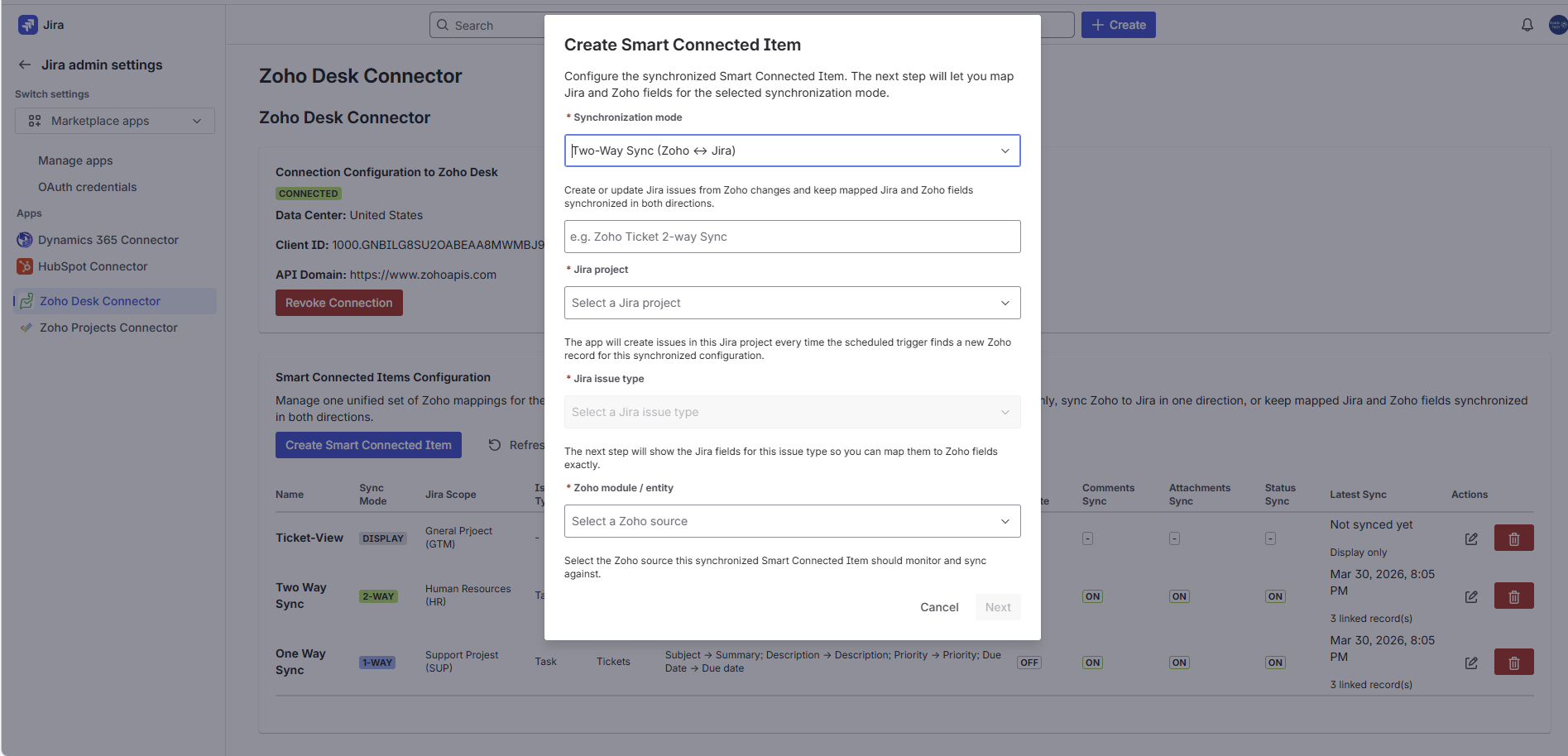 Create Smart Connected Item dialog step 1 with mode, name, Jira project, issue type, and Zoho source selection.