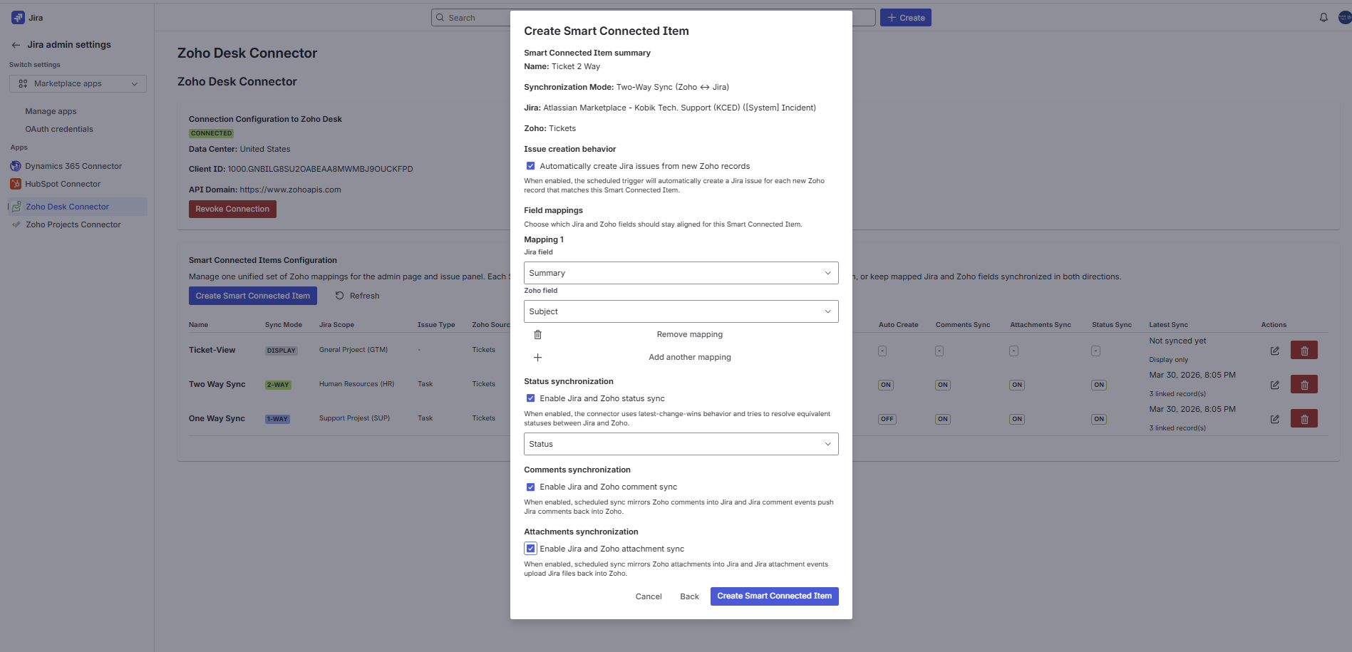 Create Smart Connected Item dialog step 2 with field mappings and sync option toggles.