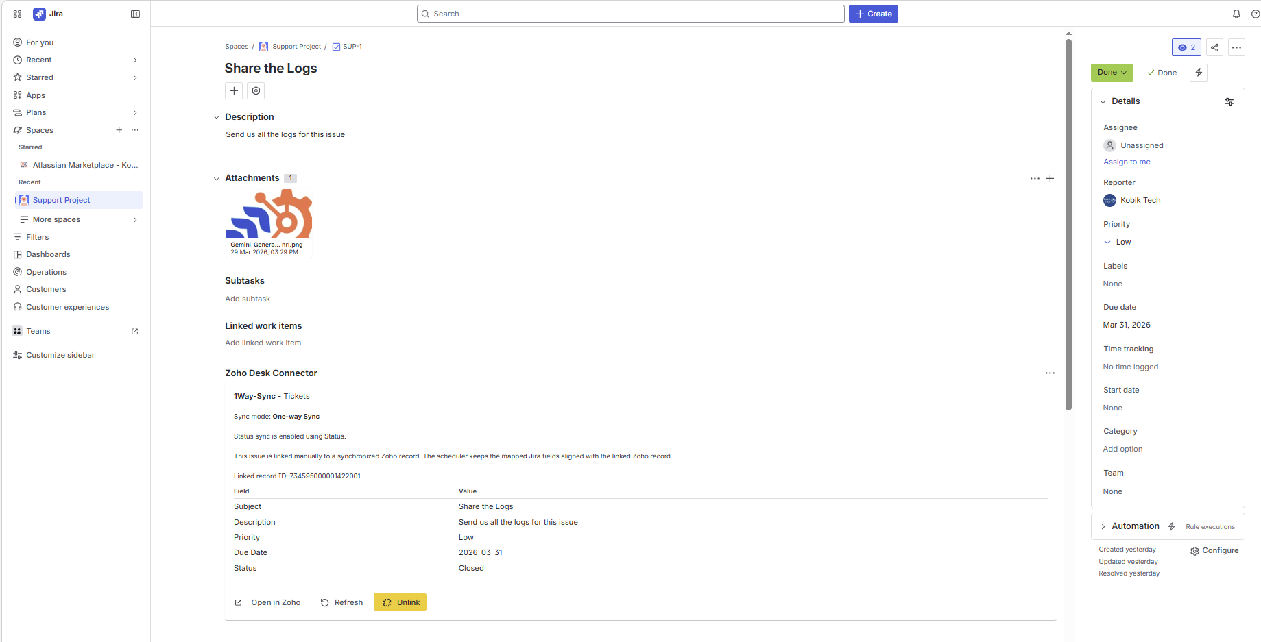Jira issue view showing a linked Zoho record in the issue panel with Open in Zoho, Refresh, and Unlink actions.