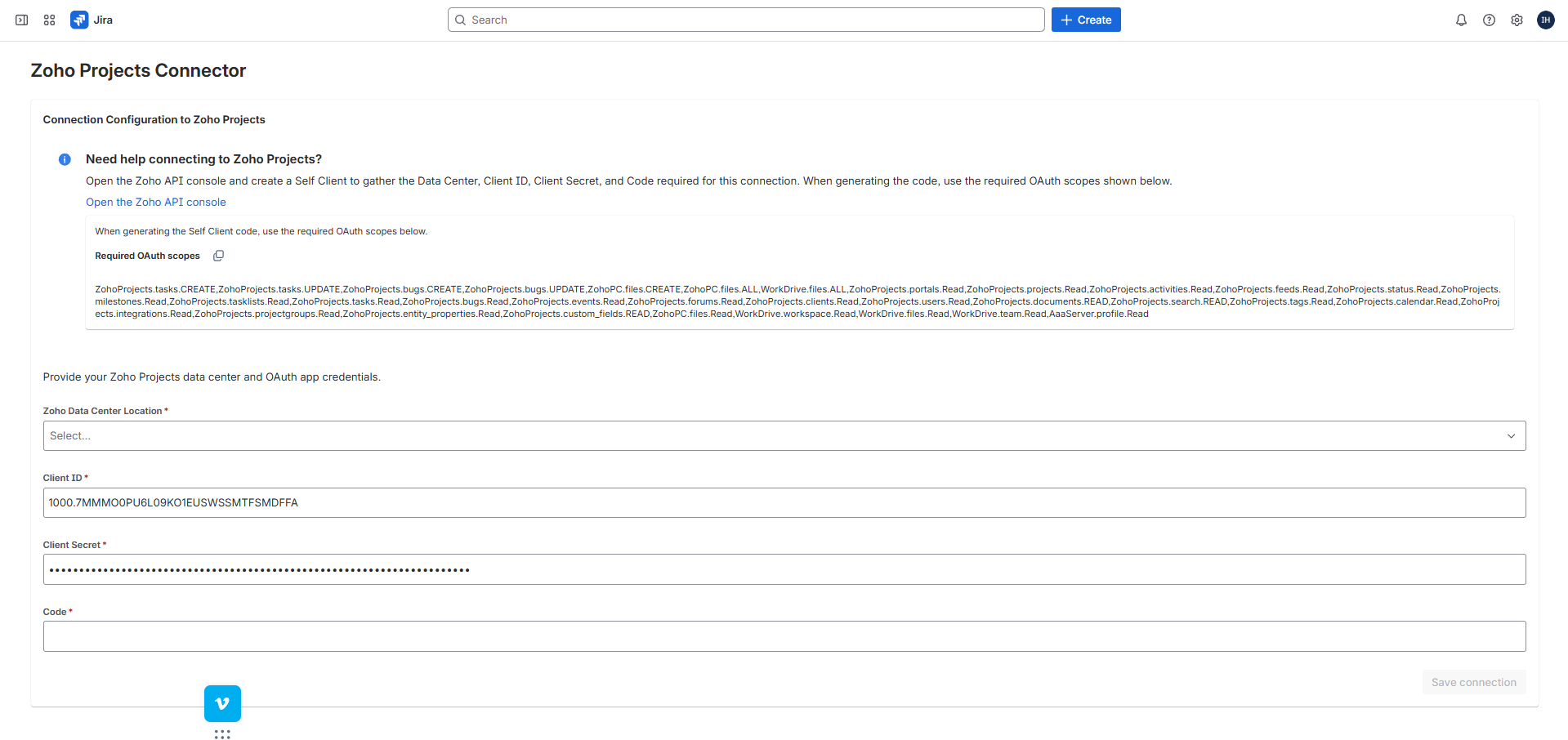 Zoho Projects Connector admin page showing the connection form, required scopes help card, and Save connection button.