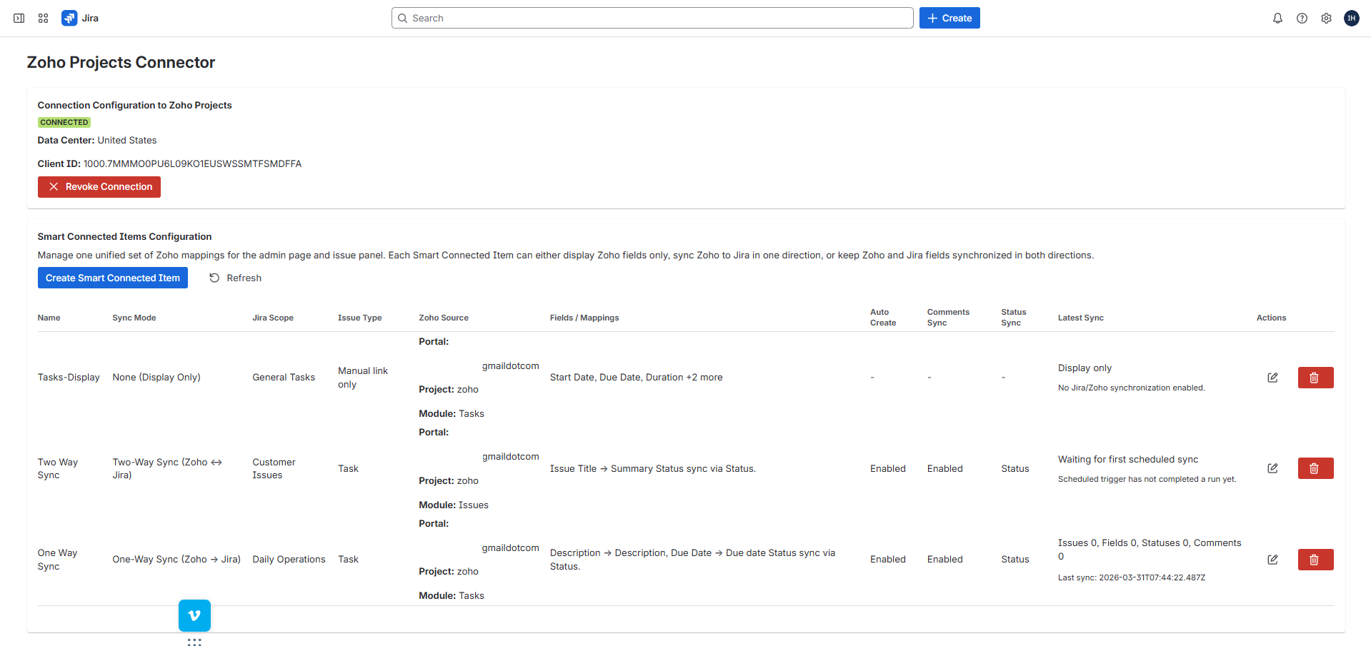 Connected Zoho Projects Connector admin page showing the connection summary and Smart Connected Items table.