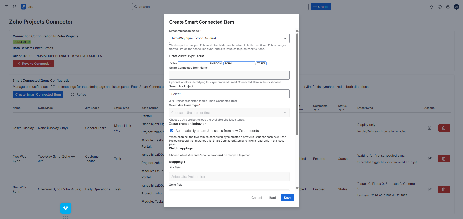 Create Smart Connected Item dialog showing synchronization mode, portal, project, module, optional name, Jira project, issue type, and the first mapping area.