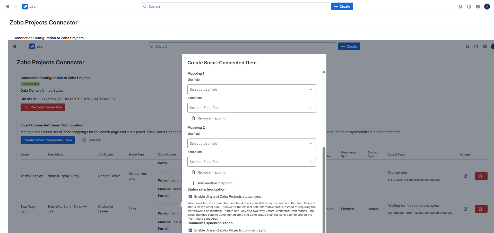 Create Smart Connected Item dialog showing multiple mappings plus Status synchronization and Comments synchronization options.