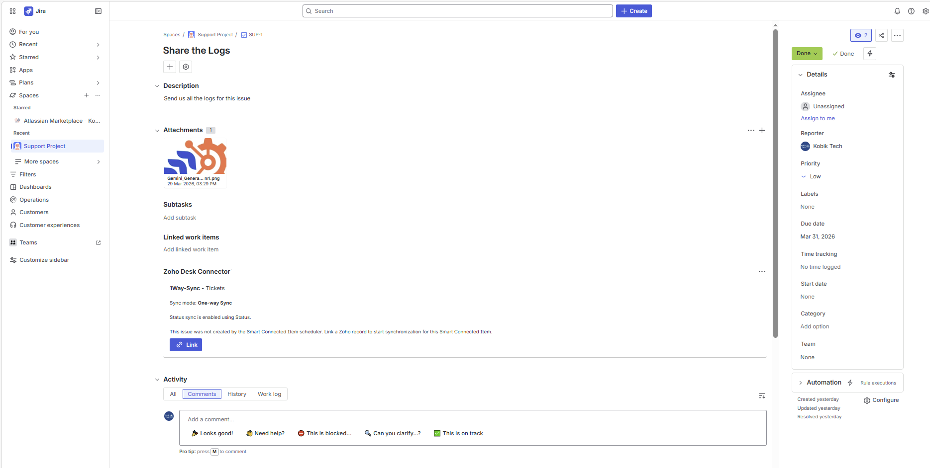 Jira issue view showing the Zoho Projects Connector panel before linking, with Link buttons for the available mapped items.